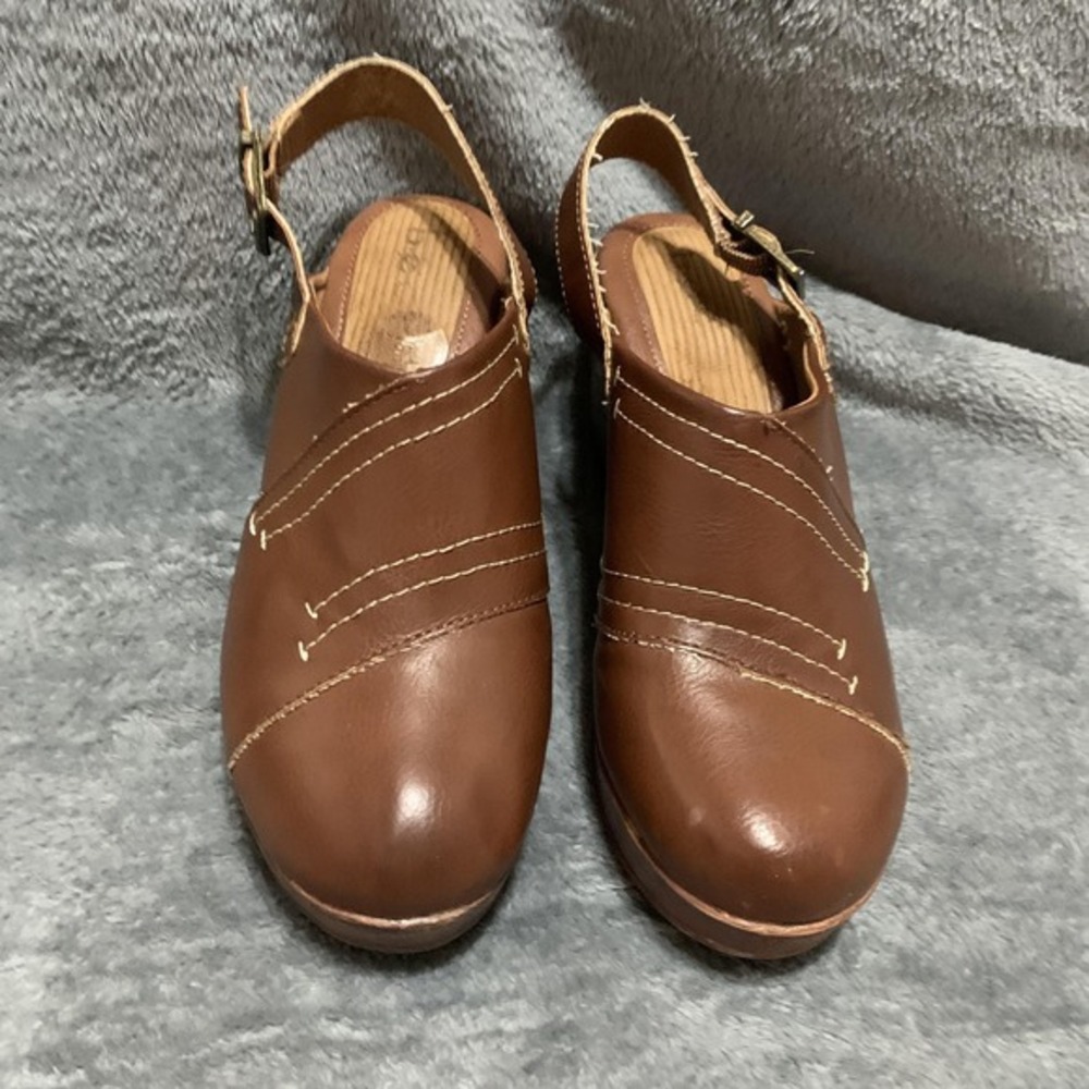 Boc Shoes Womens Size 8M Brown Chunky Wooden Heel Slingback Clogs Stitch Detail‎